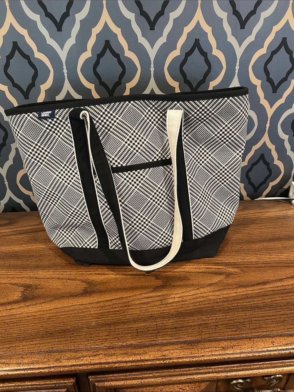 Lands' End Black and White Plaid Canvas Tote